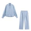 Women's Casual Washed Denim Set Light Blue Long Sleeve Stand Collar Shirt and High Waist Wide Leg Straight Pants Two Piece Outfit For Women