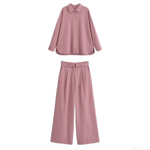 Casual Women Fashion Two Piece Pants Set Polyester Long Sleeve Shirt High Waist Wide Leg Pants With Belt Dusty Pink Mauve Outfit Spring Autumn Office Style