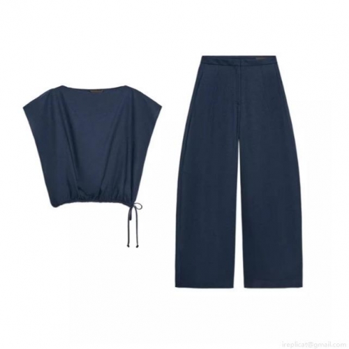 Women Casual Navy Blue Two-Piece Set Cotton Linen Blend Off-Shoulder Drawstring Top And High Waist Wide Leg Pants Fashion Set For Daily Commute