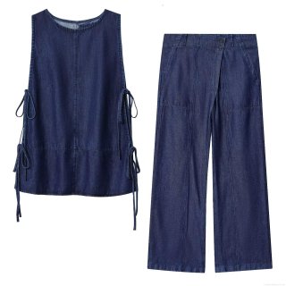Women Deep Blue Denim Two Piece Set Sleeveless Side Tie Bow Top And High Waist Wide Leg Pants Casual Fashion Streetwear Outfit