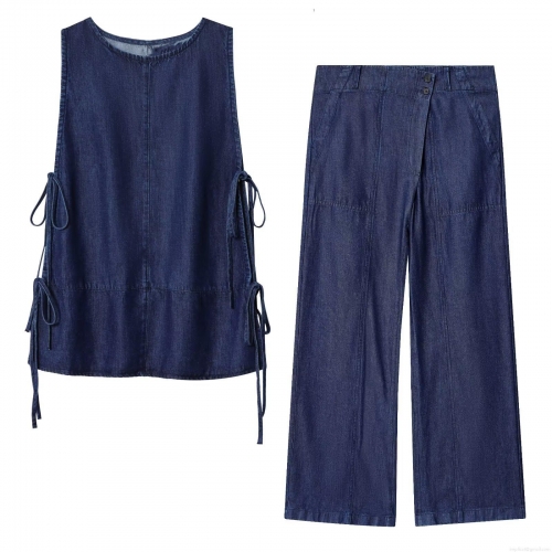 Women Deep Blue Denim Two Piece Set Sleeveless Side Tie Bow Top And High Waist Wide Leg Pants Casual Fashion Streetwear Outfit