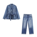 Women's Casual Denim Two Piece Set Washed Long Sleeve Belted Jacket and High Waist Straight Leg Jeans Outfit Set Blue Cotton Blend Autumn Fashion