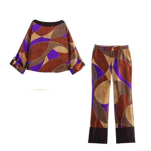 Women Retro Geometric Print Satin Two Piece Set Long Sleeve Slash Neck Blouse And High Waist Wide Leg Pants Casual Elegant Autumn Outfit