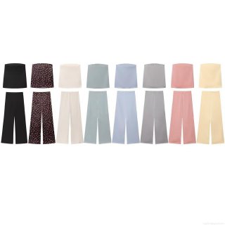 Elegant Women Acetate Satin Strapless Tube Top And High Waist Wide Leg Pants Set Solid Color Polka Dot Two Piece Co-ord Lounge Set For Summer Party