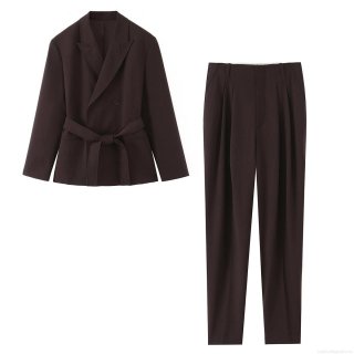 Women's Elegant Office Commute Blazer Pant Set Double Breasted Belted Jacket And Matching Straight Trousers Polyester Spandex Blend Autumn Winter Fashion Two Piece Outfit