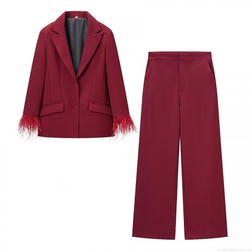 Elegant Women's Wine Red Blazer and Pants Set Polyester Suit With Feather Cuffs Trim Wide Leg Trousers For Party Wedding Formal Event Office Outfit
