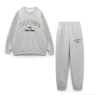 Women American Vintage California 1993 Letter Embroidery Sweatshirt And Sweatpants Set Long Sleeve Round Neck Fleece Lined Casual Two Piece Jogger Suit