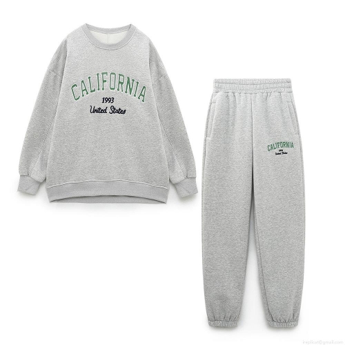 Women American Vintage California 1993 Letter Embroidery Sweatshirt And Sweatpants Set Long Sleeve Round Neck Fleece Lined Casual Two Piece Jogger Suit