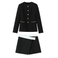 Elegant Women Black Blazer and Shorts Two-Piece Set Contrast Trim Office Lady Long Sleeve Suit Jacket with Gold Buttons Fashion Suits