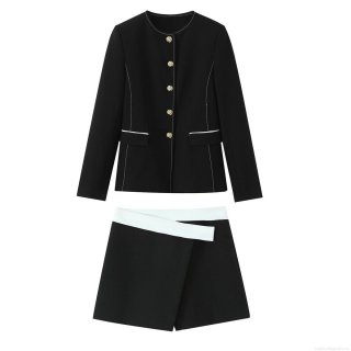 Elegant Women Black Blazer and Shorts Two-Piece Set Contrast Trim Office Lady Long Sleeve Suit Jacket with Gold Buttons Fashion Suits