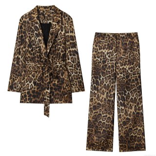Women's Leopard Print Blazer Set Jacquard Satin Long Sleeve Tie-Waist Jacket and Wide Leg Pants Two-Piece Outfits For Office Party Streetwear