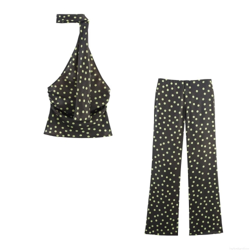 Women's Polka Dot Halter Neck Top And Flared Pants Set Satin Texture Backless Sexy Two Piece Outfits For Daily Party Vacation Chic Summer Autumn Wear