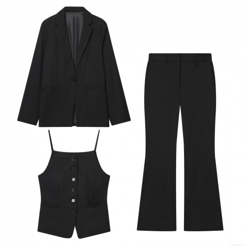Women's 3-Piece Office Pants Suit Set Polyester Single Breasted Notched Lapel Blazer With Slim Fit Vest And High Waist Micro Flare Trousers For Business Commuting Elegant Solid Color Streetwear Suits