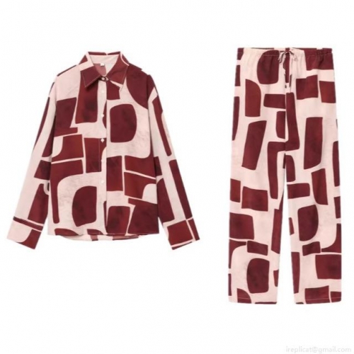 Women's Geometric Print Long Sleeve Button Down Shirt And High Waist Wide Leg Pants Casual Loose Two Piece Set Polyester Blend Autumn Outfits