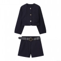 Elegant Women Office Two Piece Set Navy Blue Cropped Round Neck Blazer Jacket With Gold Buttons And Belted Shorts Set Professional Business Casual Twill Suit For Ladies