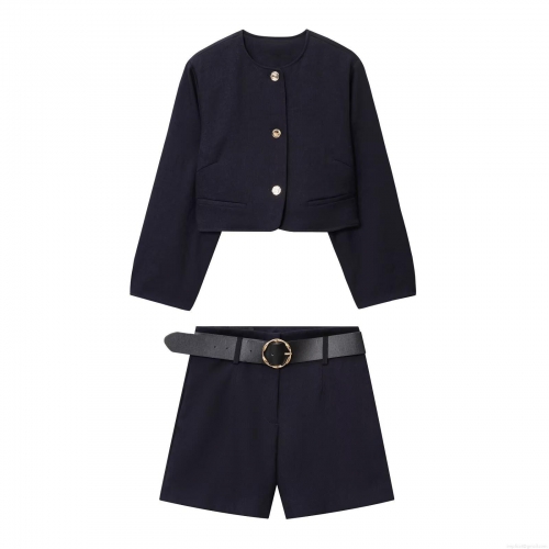 Elegant Women Office Two Piece Set Navy Blue Cropped Round Neck Blazer Jacket With Gold Buttons And Belted Shorts Set Professional Business Casual Twill Suit For Ladies