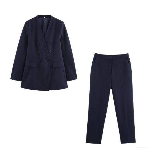 Women Fashion Navy Blue V Neck Double Breasted Blazer And Straight Leg Pants Suit Set Elegant Business Commuting Office Lady Workwear Two Piece Set