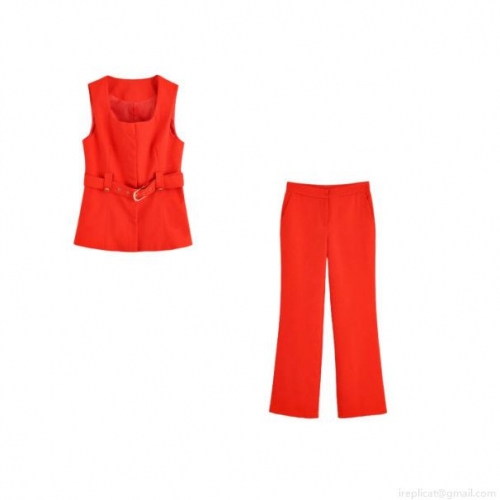 Elegant Solid Red Women's Vest Suit Set Square Neck Sleeveless Vest Top With Belt And High Waist Flare Pants Two Piece Commuting Outfit
