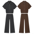 Women's Casual Two Piece Outfits Solid Color Polyester Zip Lapel Short Sleeve Top And Wide Leg Pants Set Streetwear Summer Fashion Clothing For Women