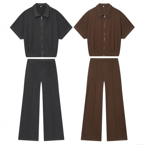 Women's Casual Two Piece Outfits Solid Color Polyester Zip Lapel Short Sleeve Top And Wide Leg Pants Set Streetwear Summer Fashion Clothing For Women