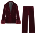 Women's Velvet Suit Set Faux Fur Cuff Blazer And Wide Leg Pants Two-Piece Outfits Wine Red Streetwear Chic Autumn Winter Sets
