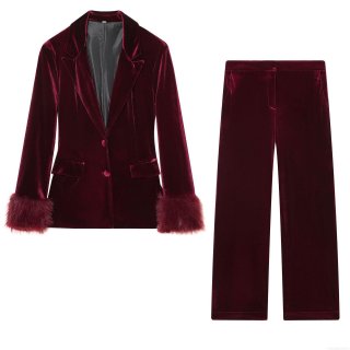 Women's Velvet Suit Set Faux Fur Cuff Blazer And Wide Leg Pants Two-Piece Outfits Wine Red Streetwear Chic Autumn Winter Sets