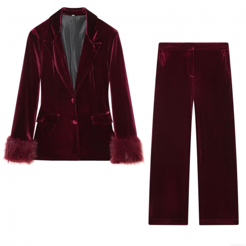 Women's Velvet Suit Set Faux Fur Cuff Blazer And Wide Leg Pants Two-Piece Outfits Wine Red Streetwear Chic Autumn Winter Sets