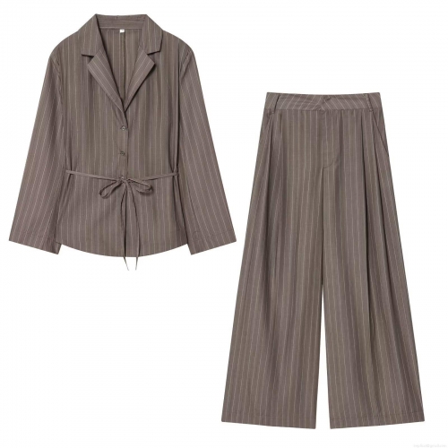 Women's Pinstripe Blazer and Wide Leg Pants Casual Business Suit Long Sleeve Belted Top High Waist Trousers For Office Lady Autumn Streetwear