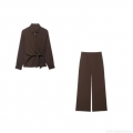 Women's 2-Piece Set Elegant Dark Brown Long Sleeve Tie Front Shirt And High Waist Wide Leg Pants Commuter Office Casual Fall Outfit