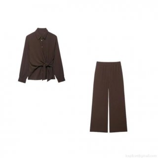 Women's 2-Piece Set Elegant Dark Brown Long Sleeve Tie Front Shirt And High Waist Wide Leg Pants Commuter Office Casual Fall Outfit
