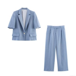 Women's Elegant Light Blue Two-Piece Suit Set Short Sleeve Single Button Blazer And High Waist Straight Leg Pants Commuter Office Wear Polyester Spandex Outfit