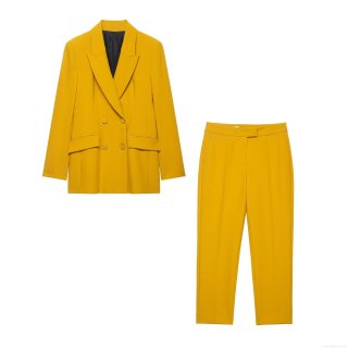 Women's Mustard Yellow Woven Blazer Suit Set Double Breasted Professional Office Jacket And High Waist Straight Leg Pants Two Piece Outfit