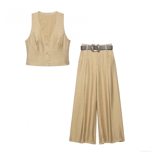 Women's Satin Metallic Luster Casual Two Piece Set V-Neck Sleeveless Vest and Wide Leg Pants With Belt Champagne Gold Elegant Autumn Outfit For Women