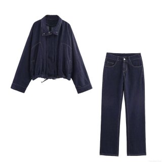 Women's Denim Two Piece Set Deep Blue Cotton Blend Long Sleeve Jacket With Wide Leg Jeans Retro Casual Autumn Streetwear Outfits For Women