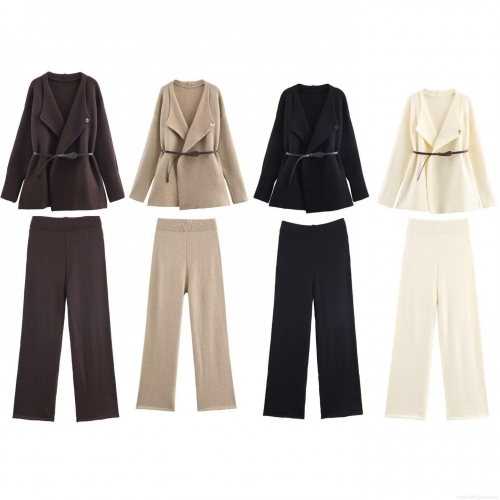 Women's Autumn Casual Knitted Two Piece Set Solid Color Lapel Belted Cardigan Top and Wide Leg Pants Loose Soft Knit Tracksuit Lounge Set