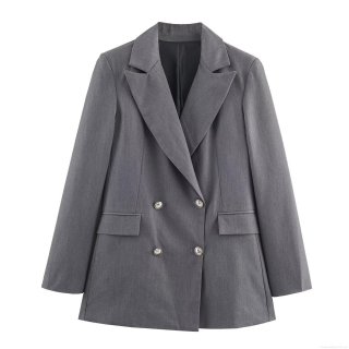 Women Elegant Grey Double Breasted Blazer and Straight Leg Pants Set with Belt Professional Business Suit Office Commute Wear Polyester Spandex Two Piece Outfit