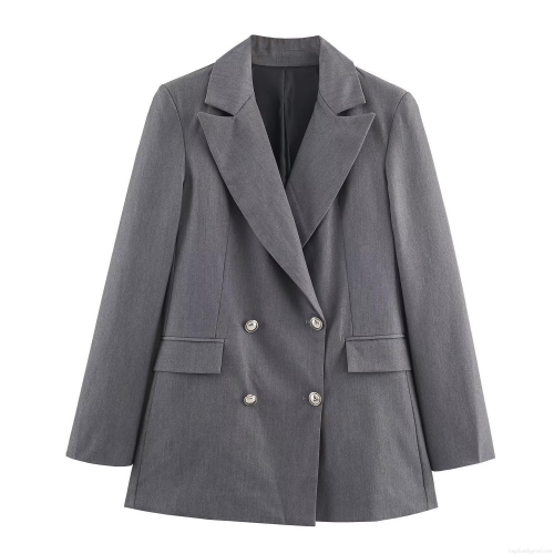 Women Elegant Grey Double Breasted Blazer and Straight Leg Pants Set with Belt Professional Business Suit Office Commute Wear Polyester Spandex Two Piece Outfit