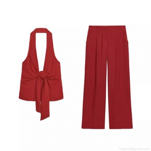 Women's Red Sexy Halter Backless Tie Top and High Waist Wide Leg Pants Two Piece Set Outfits Clubwear Evening Party Fashion Clothing