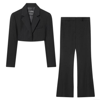 Women's Elegant 2 Piece Blazer Pant Suit Set Cropped Long Sleeve Notch Lapel Blazer With High Waisted Flare Trousers Solid Color Office Streetwear