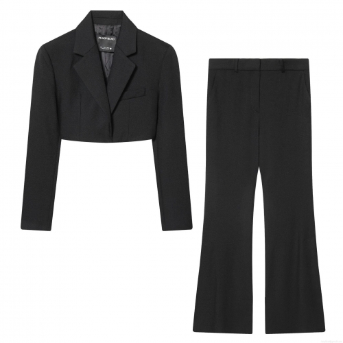 Women's Elegant 2 Piece Blazer Pant Suit Set Cropped Long Sleeve Notch Lapel Blazer With High Waisted Flare Trousers Solid Color Office Streetwear