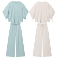 Women Casual Polyester Two-Piece Set Puff Sleeve Round Neck Top And High Waist Wide Leg Drawstring Pants Lounge Wear Solid Color Comfortable Streetwear Outfits