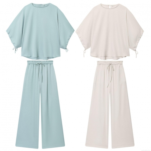 Women Casual Polyester Two-Piece Set Puff Sleeve Round Neck Top And High Waist Wide Leg Drawstring Pants Lounge Wear Solid Color Comfortable Streetwear Outfits