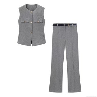 Women's 2 Piece Herringbone Vest and Pants Set Sleeveless Waistcoat With Gold Buttons And Straight Leg Trousers Office Lady Business Casual Workwear Elegant Slim Fit Grey Suit With Belt