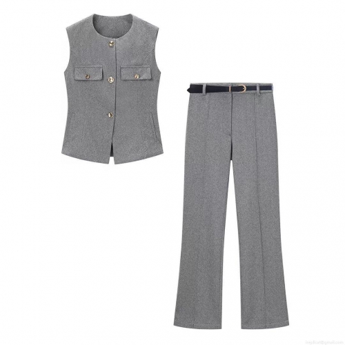 Women's 2 Piece Herringbone Vest and Pants Set Sleeveless Waistcoat With Gold Buttons And Straight Leg Trousers Office Lady Business Casual Workwear Elegant Slim Fit Grey Suit With Belt