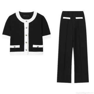 Women's Contrast Color Knit Two-Piece Set Elegant Short Sleeve Tweed Cardigan With Wide Leg High Waist Pants Classic Business Party Office Outfit