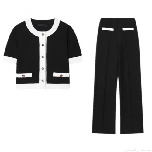 Women's Contrast Color Knit Two-Piece Set Elegant Short Sleeve Tweed Cardigan With Wide Leg High Waist Pants Classic Business Party Office Outfit