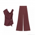 Women's Elegant Wine Red Two Piece Outfits Draped Off Shoulder Sleeveless Top and High Waist Wide Leg Pants Set Solid Color Casual Commuter Pantsuit