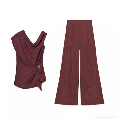 Women's Elegant Wine Red Two Piece Outfits Draped Off Shoulder Sleeveless Top and High Waist Wide Leg Pants Set Solid Color Casual Commuter Pantsuit