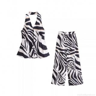 Sexy Zebra Print Halter Vest And Wide Leg Pants Set Women Fashion Sleeveless Button Up Top High Waist Loose Trousers Polyester Spandex Blend Chic Streetwear 2 Piece Co-ords
