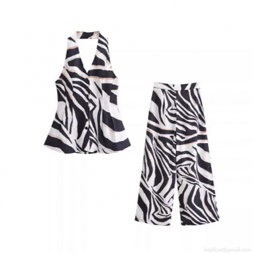 Sexy Zebra Print Halter Vest And Wide Leg Pants Set Women Fashion Sleeveless Button Up Top High Waist Loose Trousers Polyester Spandex Blend Chic Streetwear 2 Piece Co-ords